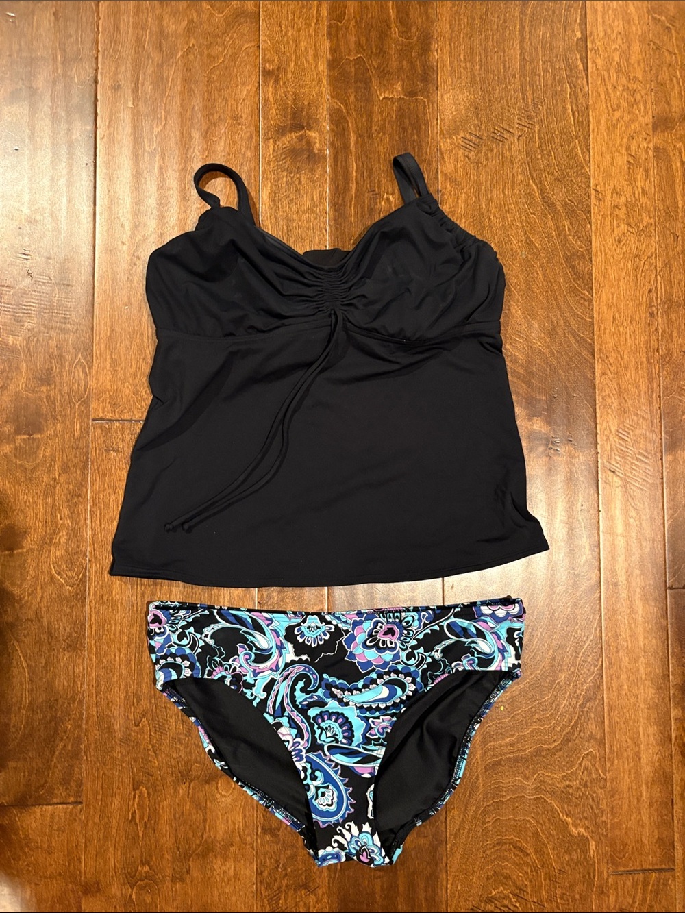 Lands' End Black Tankini Top with Paisley Bikini Bottoms